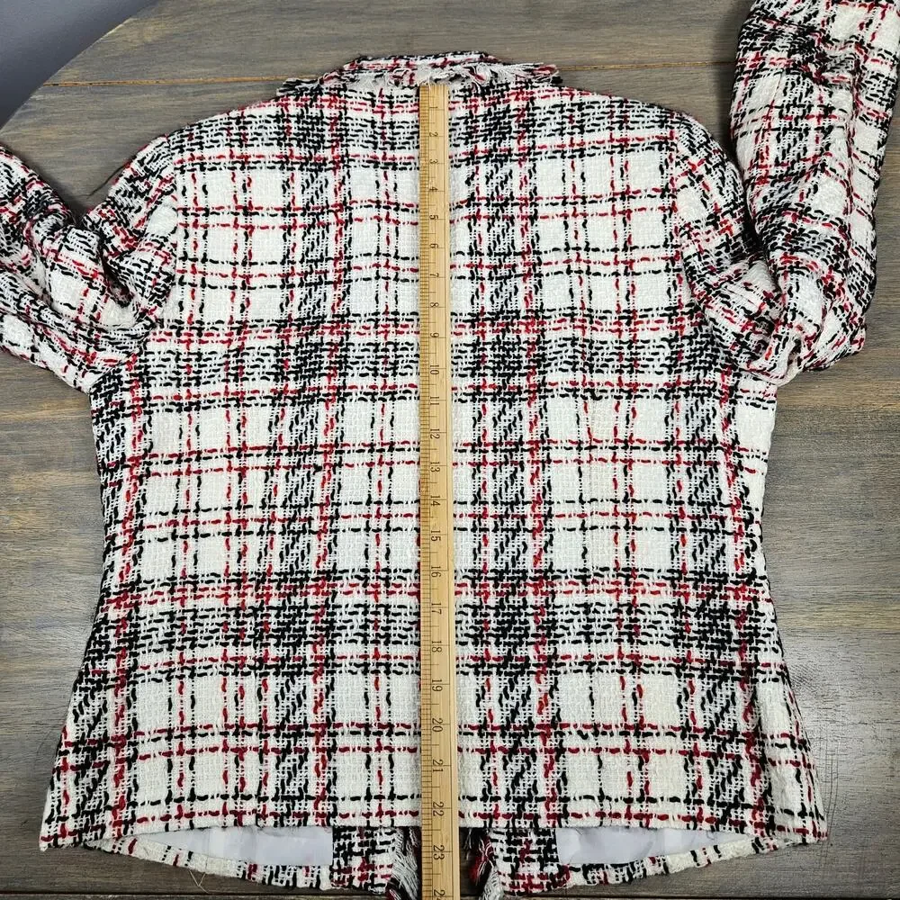 Studio C Tweed Plaid Short Blazer Jacket Ivory Black Red Frayed Trim‎ Lined 14